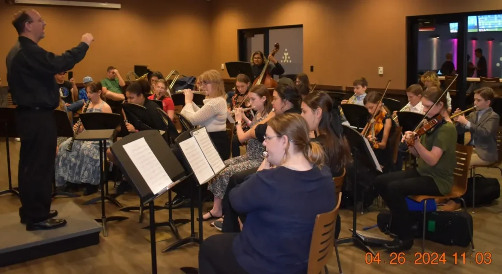Orchestra musicians perform in a concert hall.
