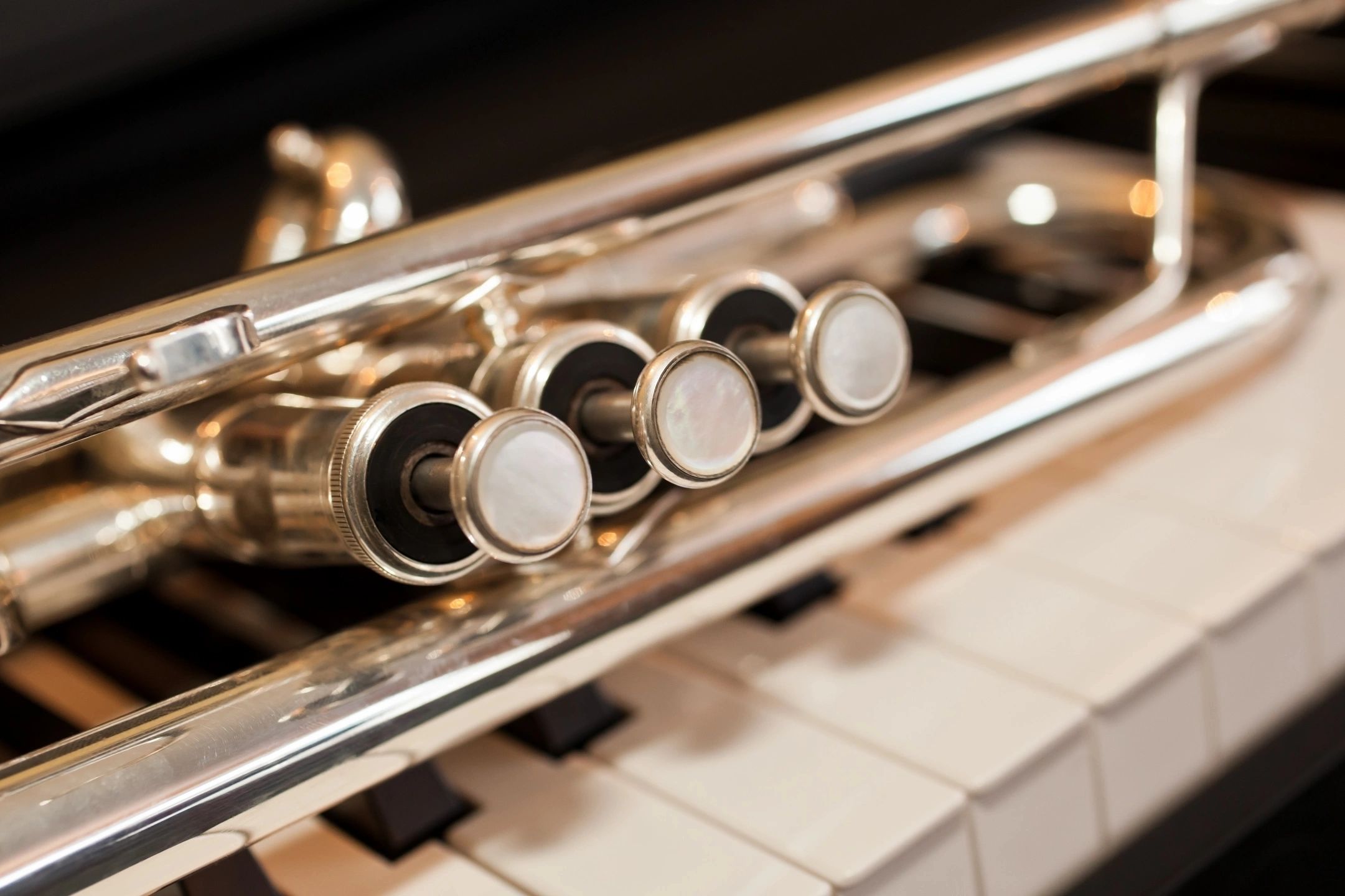 Close-up of trumpet valves resting on piano keys.